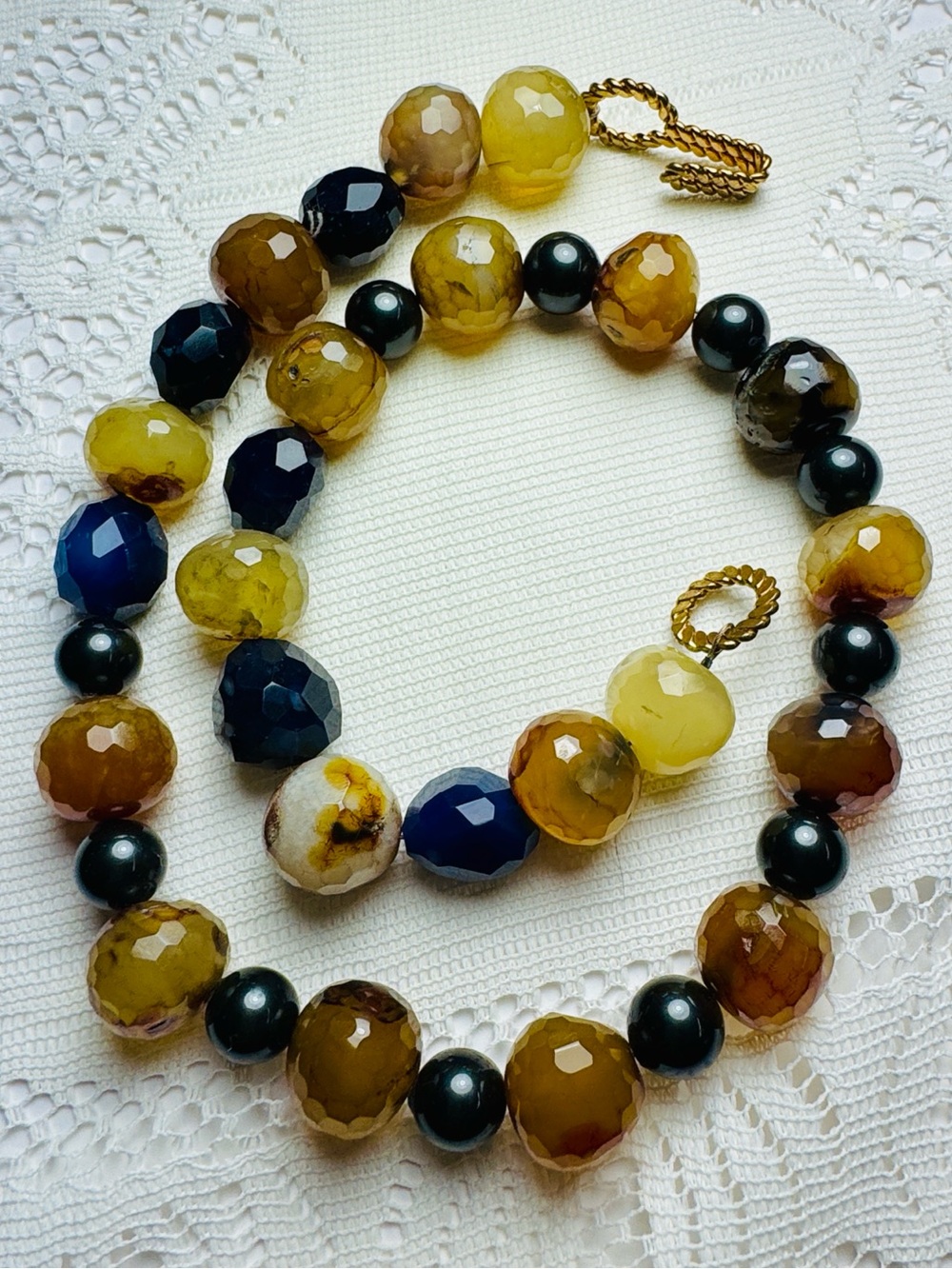 Vintage 70s Faceted Chunky Yellow and Blue Agate and Black Onyx.Handmade